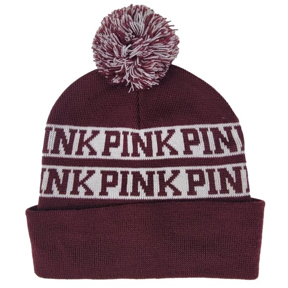 Victoria's Secret PINK Stocking Cap Winter Hat POM Beanie Knit Maroon White OSFA - Picture 1 of 3